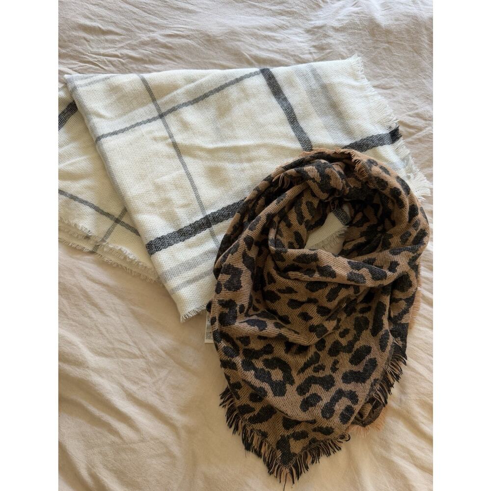 Plaid and Animal Print Women's Scarf Set with Fringe, Brown Beige Black White